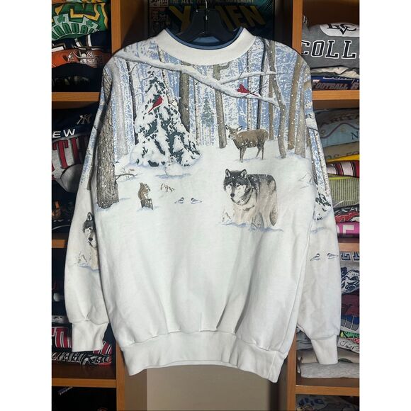 Vintage 90s Snow Taiga Nature Double Neck AOP Sweater - Picture 1 of 5